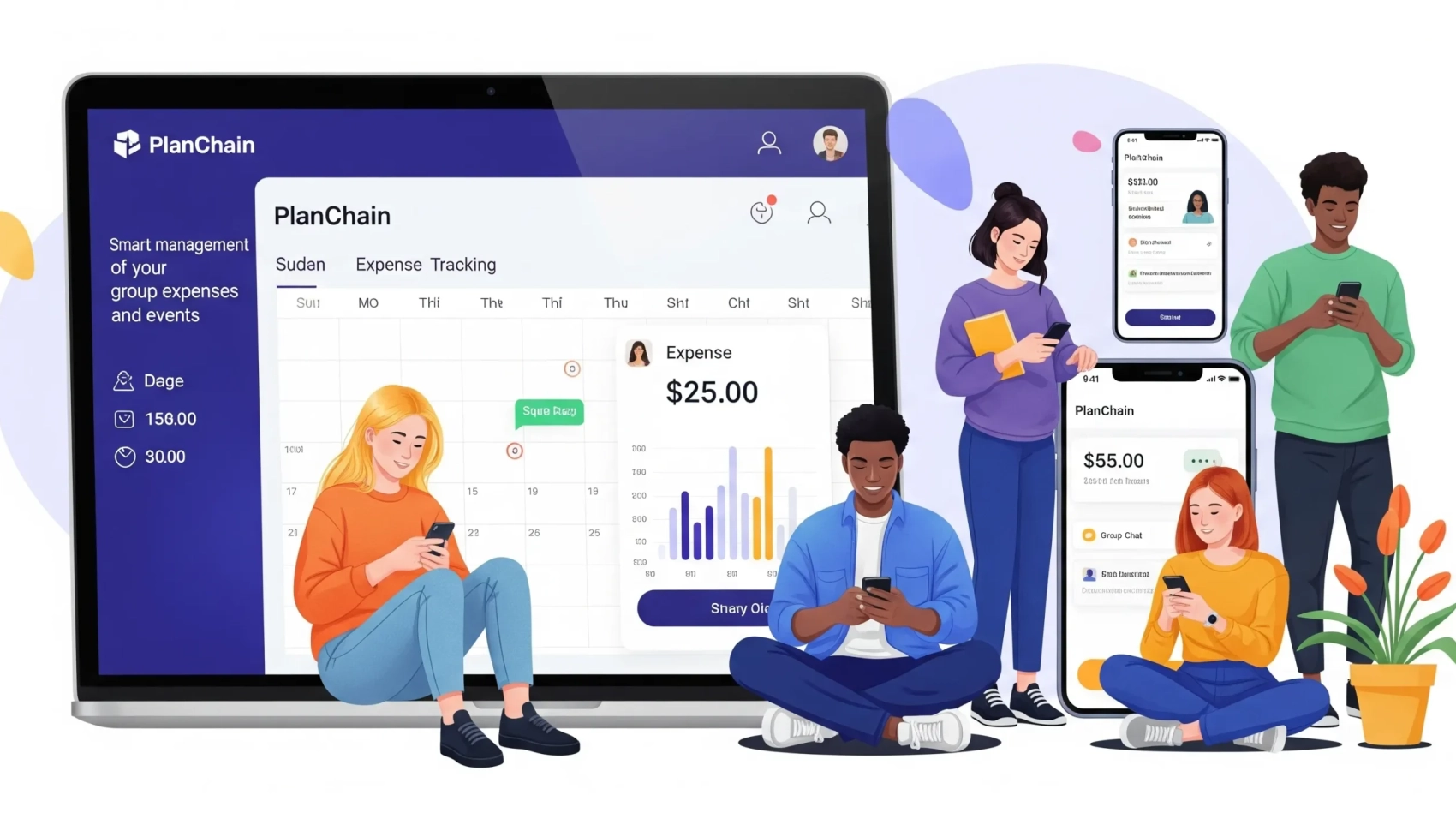 نمایش رابط کاربری اپلیکیشن پلن چین برای مدیریت هزینه گروهی و تقسیم دنگ در موبایل.