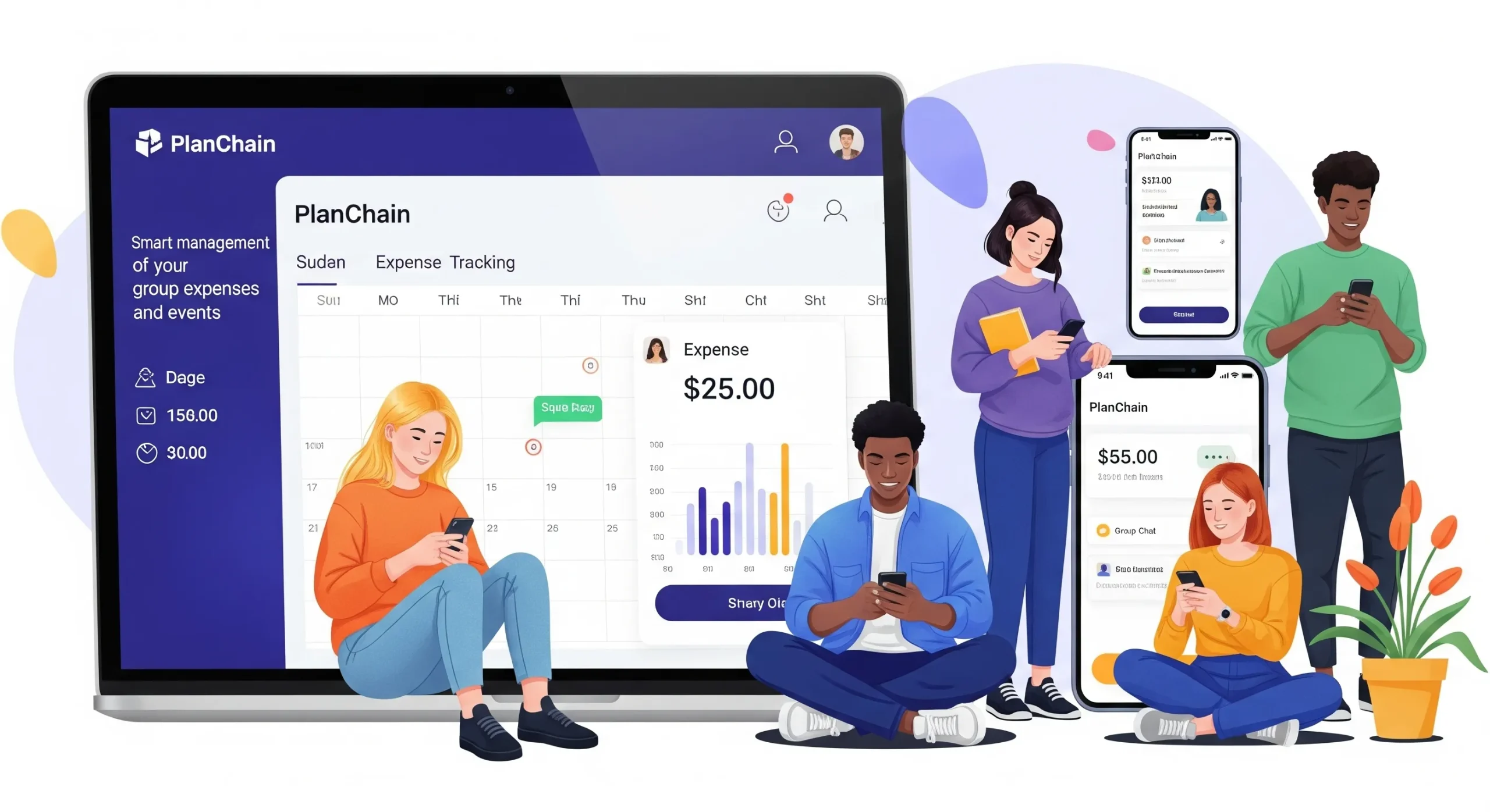 نمایش رابط کاربری اپلیکیشن پلن چین برای مدیریت هزینه گروهی و تقسیم دنگ در موبایل.