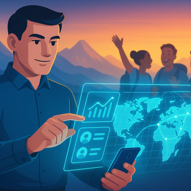 نمایی از آینده نرم افزار مدیریت تور که در آن یک تورلیدر با استفاده از پلتفرم هوشمند پلن چین در حال مدیریت نوآورانه تور است.